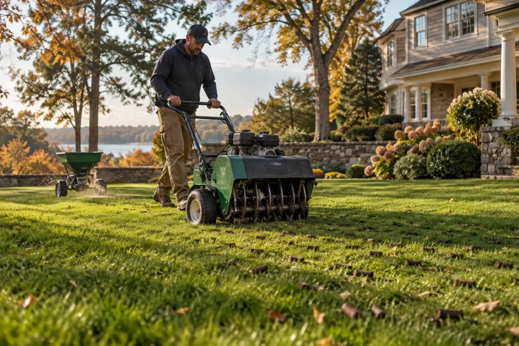 Landscaper aerating lawn new canaan ct