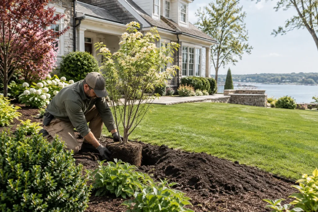 Landscaper planting a tree greenwich ct estate